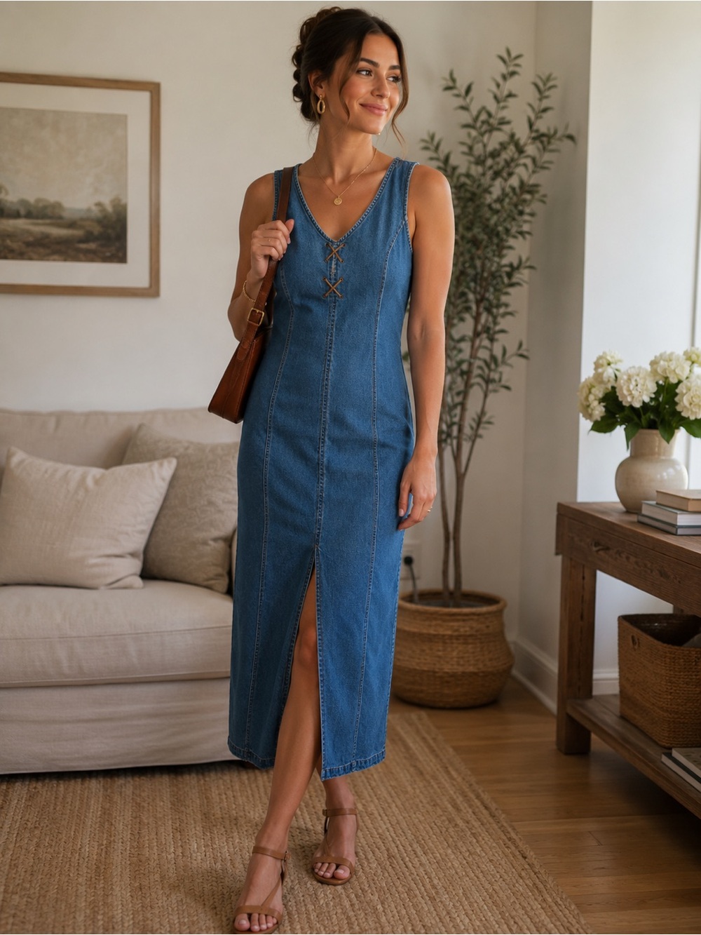 EXPRESSIONS Denim Maxi Dress Lace Up Sleeveless Jumper Blue
Vintage 90s Size XL